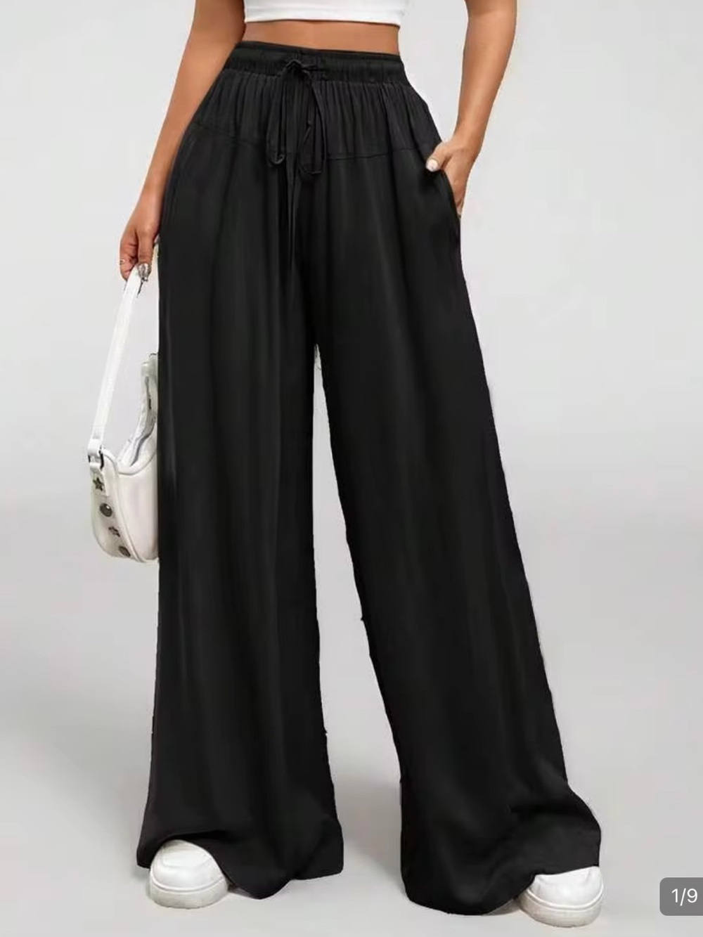 Yozy High-Waist Black Wide Leg Pants with Drawstring - Size Large